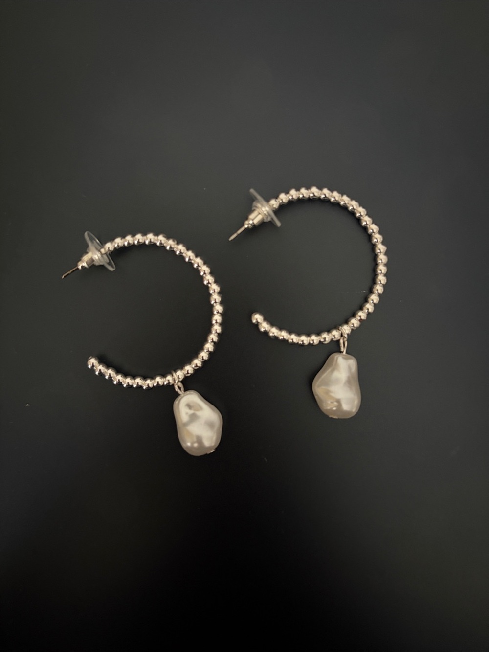 Silver Beaded Hoop Earrings with Pearl Drops